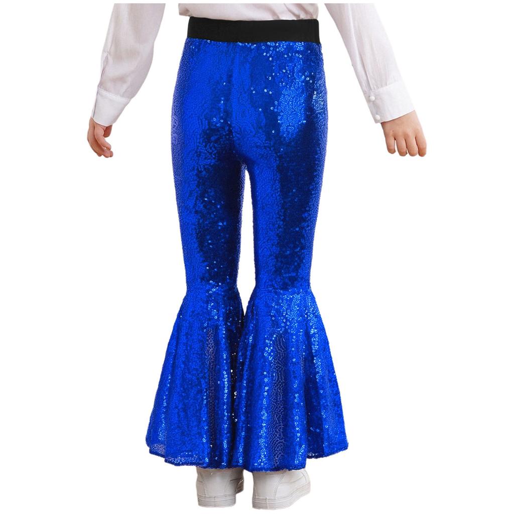 Привлекательные расклешенные танцевальные брюки для девочек: Дизайн с блестящими пайетками по всей длине ноги и эластичным поясом для свободы движений