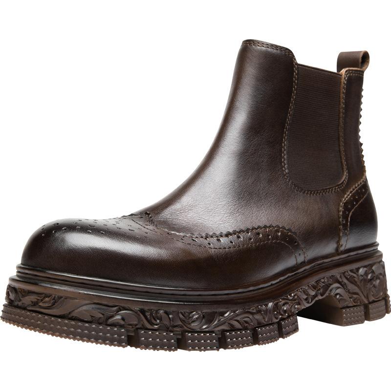 Chelsea Boots Men'S Boots Leather High-Top British Carved Brock National Style Short Boots Autumn And Winter Thick-Soled Cowhide Boots