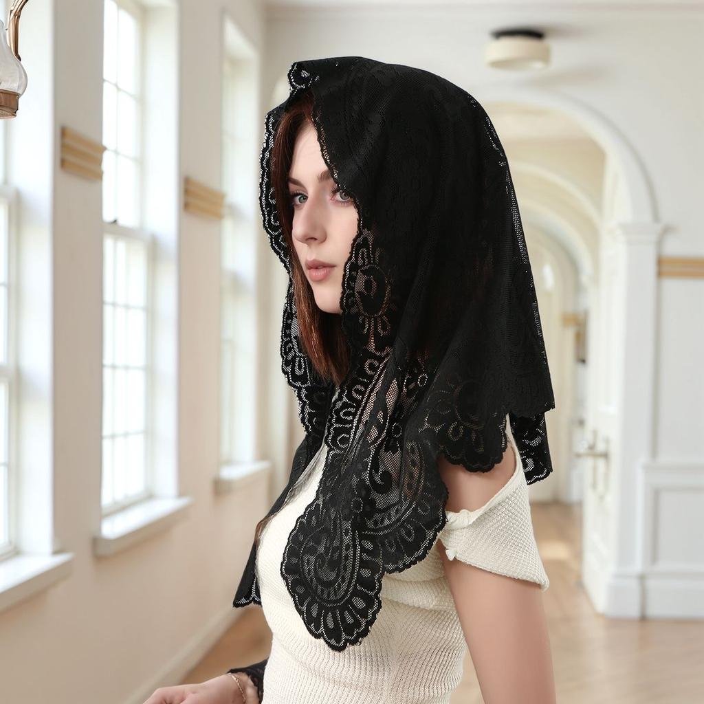 Кружевной треугольный шарф с вышивкой в виде цветов для женщин, головной убор, мусульманский хиджаб, свадебная шаль, вуаль, испанский традиционный, 172*63 см