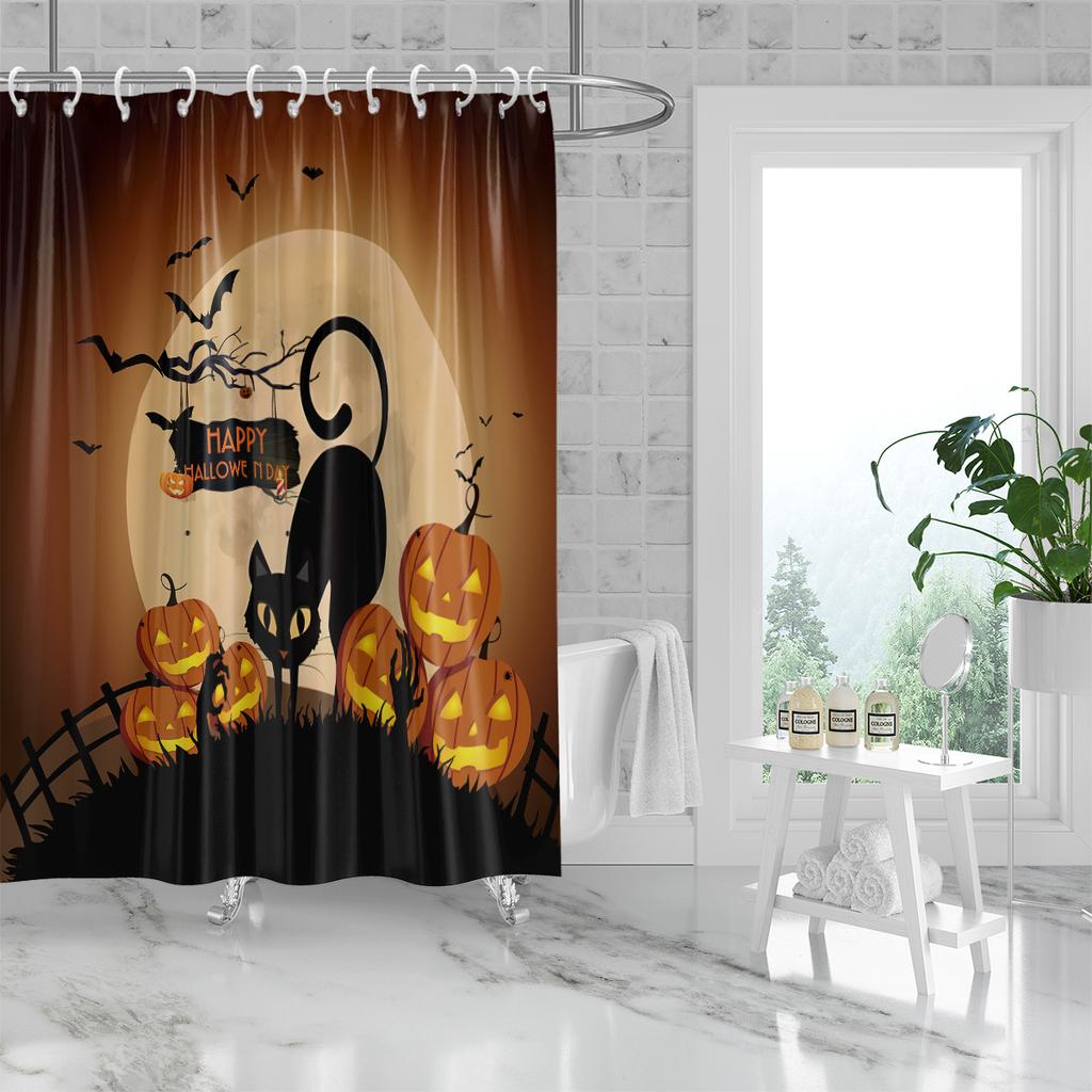 1 шт. 180x180 см занавеска для душа с изображением оранжевого, черного кота и тыквы на Хэллоуин, водонепроницаемая и устойчивая к плесени