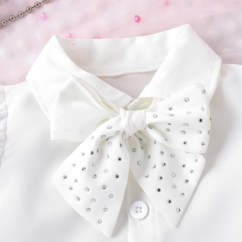 Повседневный костюм для девочек, летний детский модный милый топ с рукавами-фонариками и галстуком-бабочкой + однотонная юбка на подтяжках