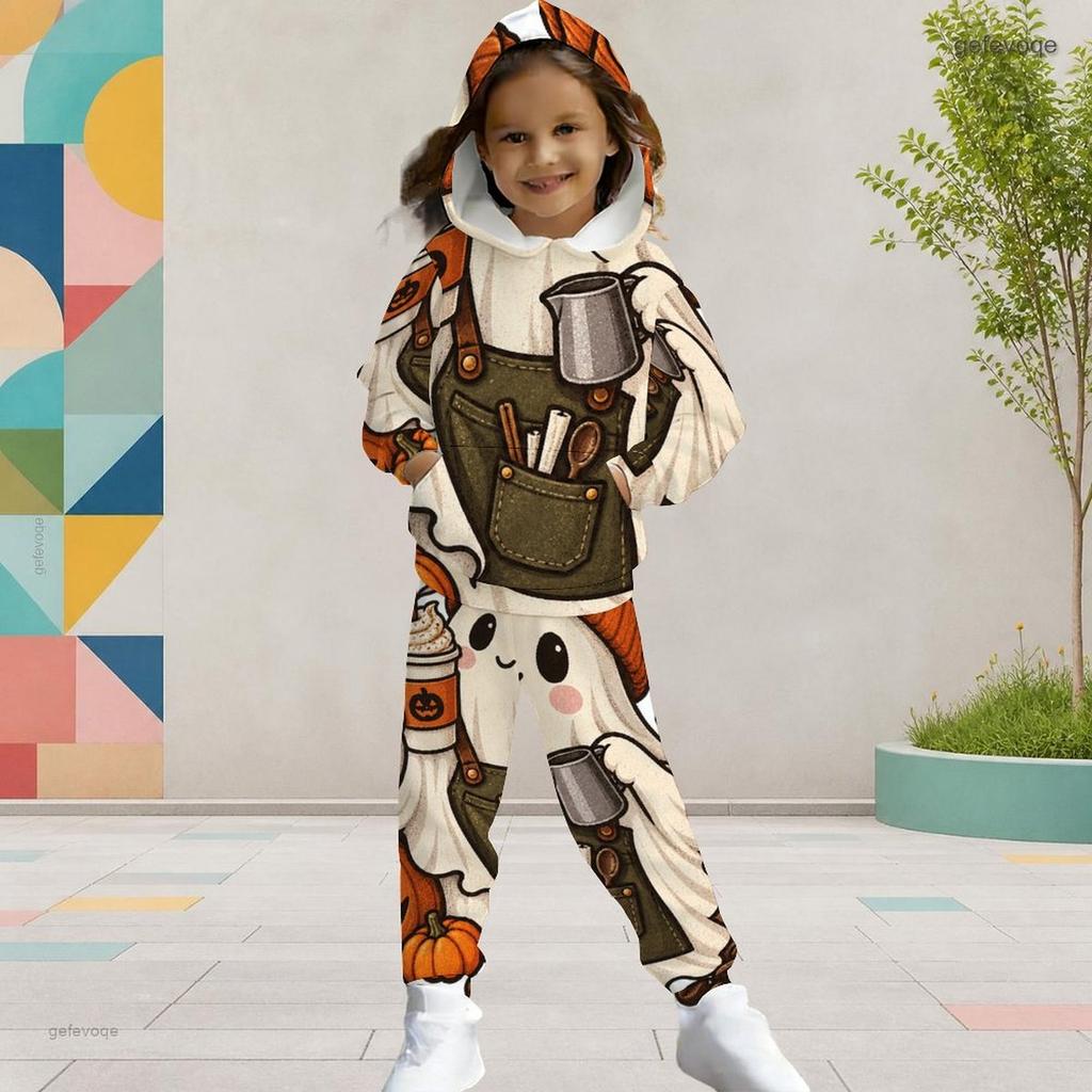 Girls Hooded Long Sleeve Possum Pumpkin Halloween Printed Two Piece Set Kangaroo Pocket Cuffed Pants