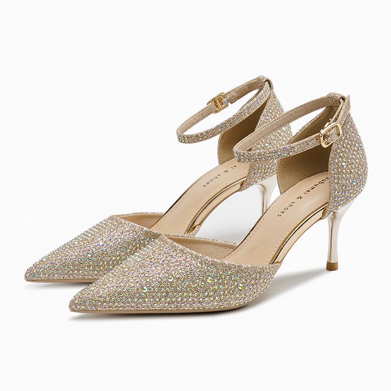Босоножки на высоком каблуке со стразами, пикантные туфли на высоком каблуке с пряжкой, острые сандалии на шпильке, женские