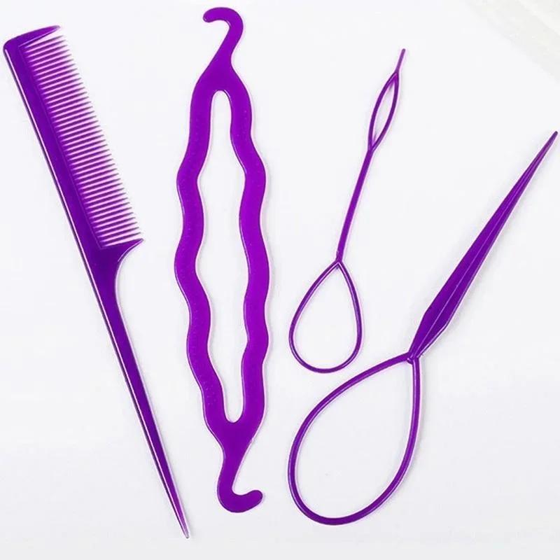 Portable 4 Pcs Hair Styling Tools Braid Tool Loop Elastic Hair Bands Rat Tail Comb Metal Pin Tail Braiding Combs Hairstyle Tools