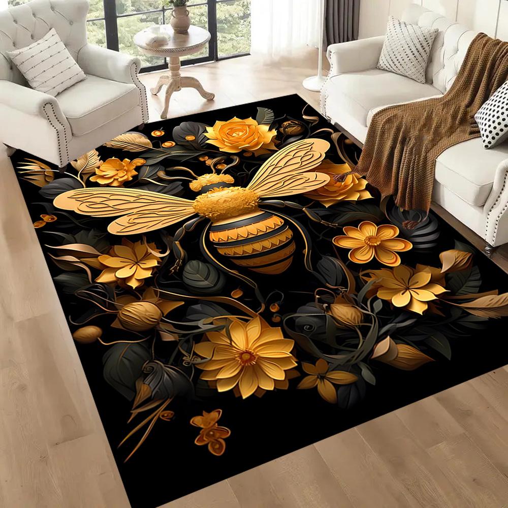 Golden Bees On Black Background Floor Mats for Living Room, Bedroom and Room Decoration Are Suitable for Gifts.
