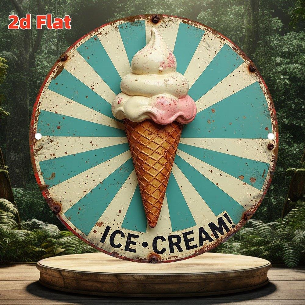 D Flat pc Vintage Ice Cream Cone Metal Sign Rustic Teal White Round Wall Decor with ICE CREAM Design xcm