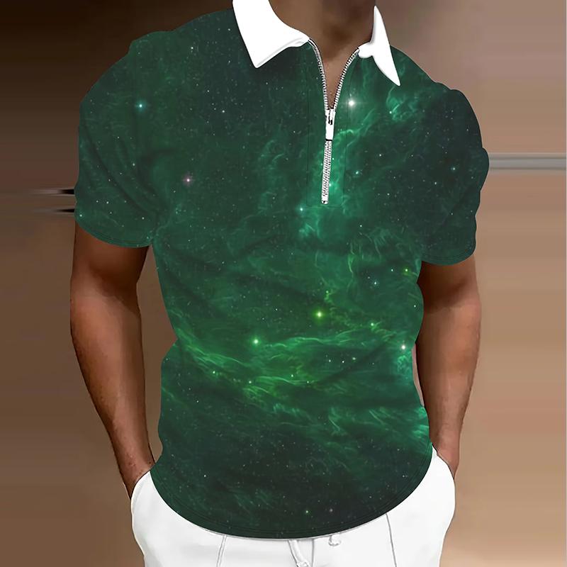 Мужская рубашка поло повседневная на молнии с коротким рукавом модная повседневная на молнии лето весна стандартный крой 3D звездное небо принт рубашка