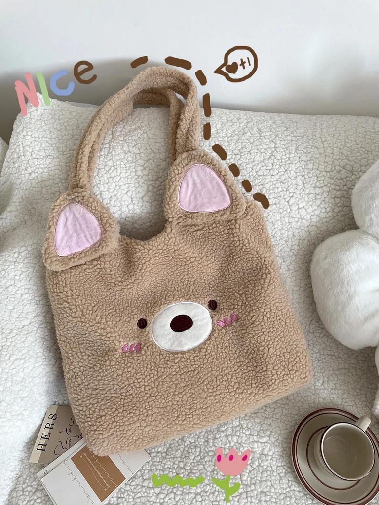 Faux Lamb Wool Women's Cartoon Shoulder Bag Soft Plush College Girls Book Tote Bags Lovely Bear Female Fluffy Shopper Handbags