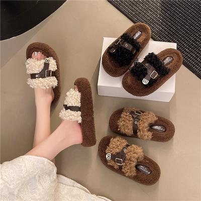 Пушистые тапочки на толстой подошве для женской верхней одежды 2025 осень новая модная пряжка на ремне ленивые повседневные плюшевые кудрявые тапочки