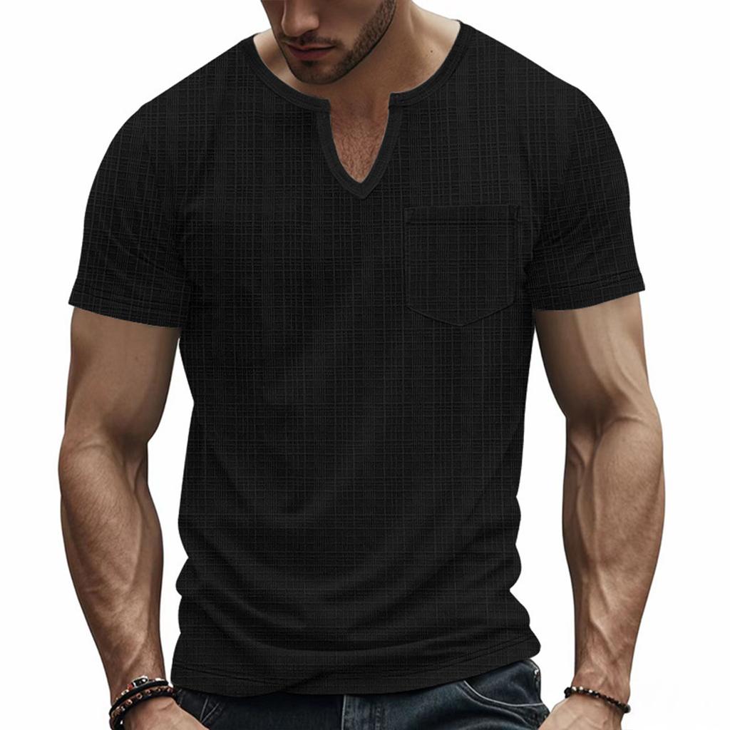 Мужская футболка-henley с коротким рукавом, нагрудным карманом, повседневная, из легкой текстурированной ткани, с вырезом