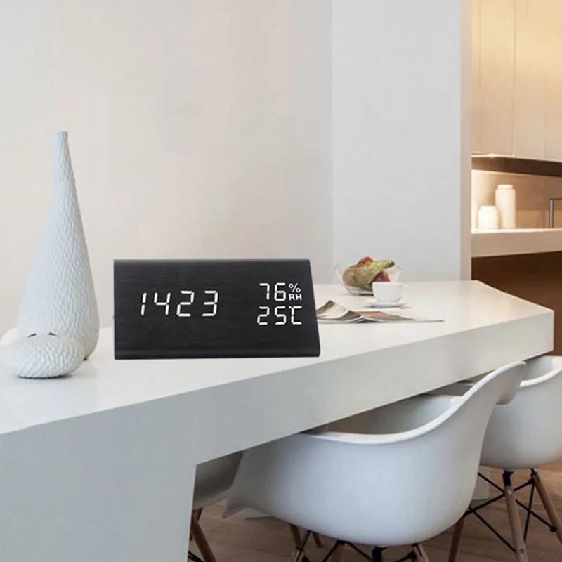 Современный цифровой деревянный светодиодный будильник, звуки управления, комнатный термометр, гигрометр, декор для рабочего стола