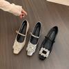 French Silver Mary Jane Single Shoes Women's Spring and Autumn New High-end Square Head Rhinestone Thick Heel Light Mouth Flat Shoes