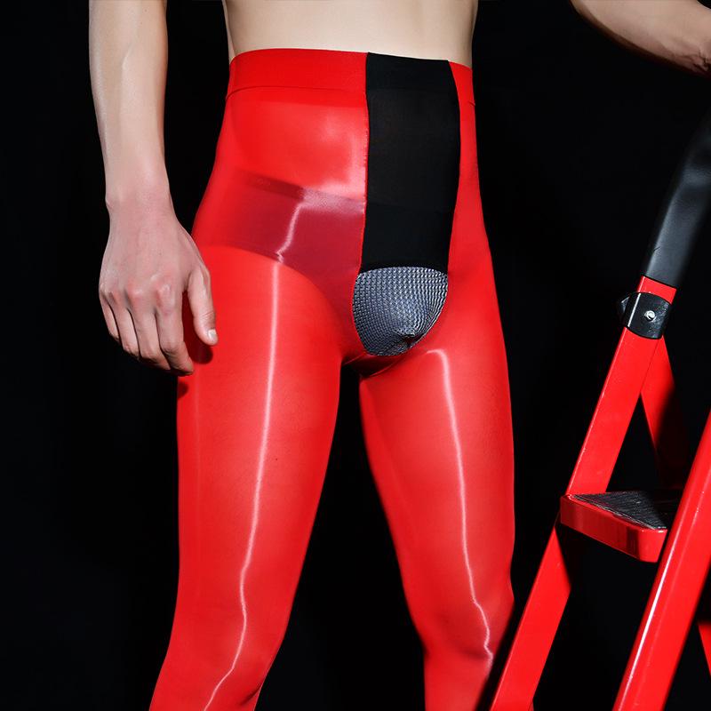 Глянцевые черные шелковые мужские ультратонкие горизонтальные открытые колготки