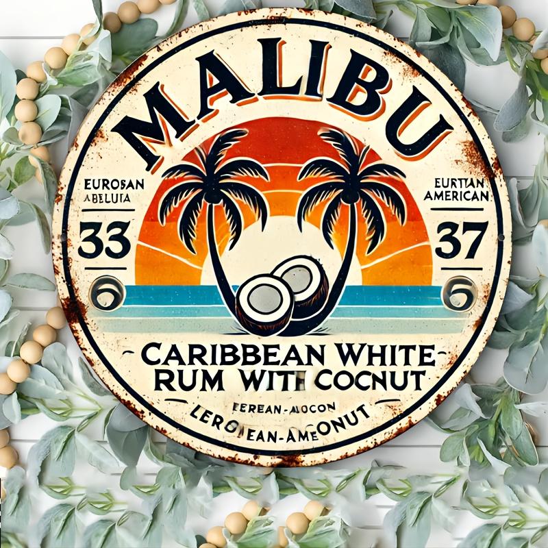 Винтажная алюминиевая настенная табличка Malibu Rum Coconut Ретро тропический декор с пальмами Дизайн заката Идеально для домашнего бара
