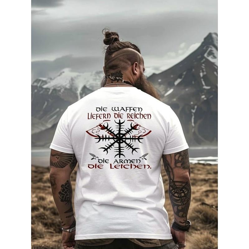 Viking with Beard In Nordic Style Wears Black T-Shirt | Vegvisir Design In Mountain Landscape, Crew Neck, Slight Stretch, Regular Fit, Casual Style,