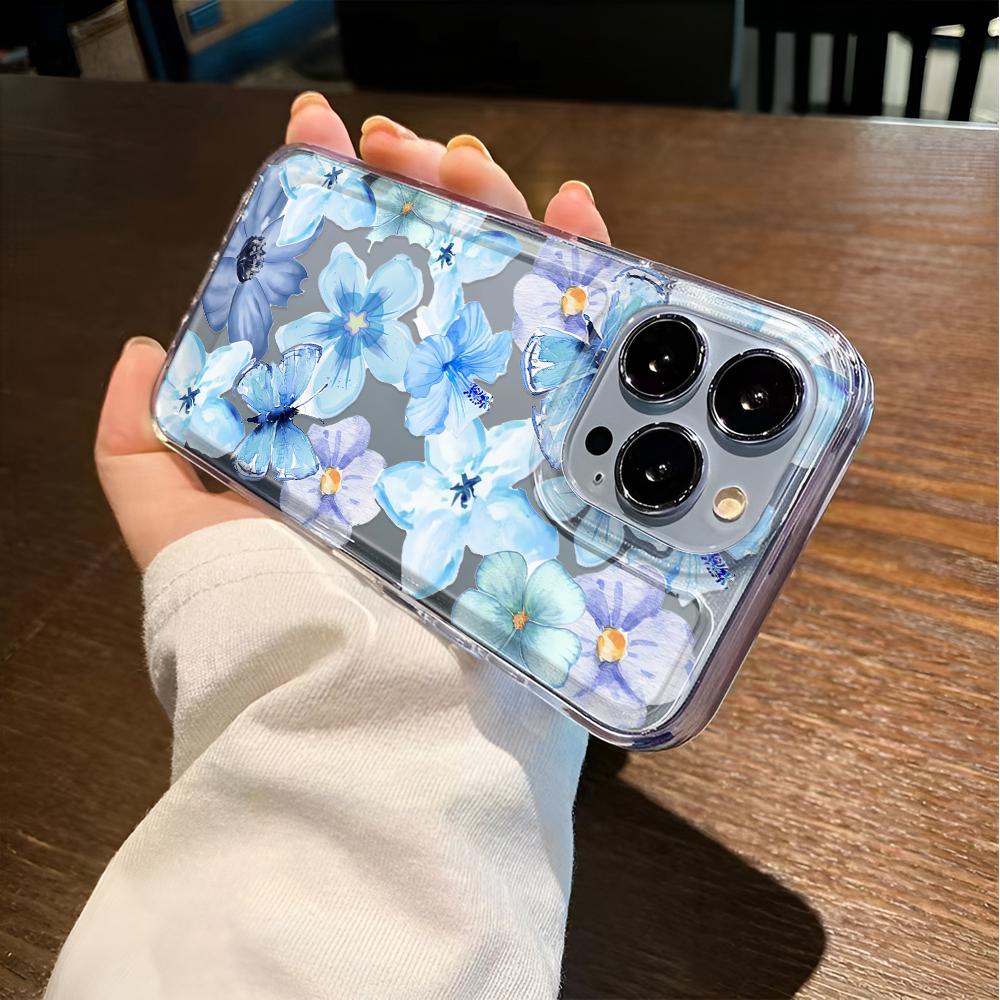 Чехол для телефона с синими цветами для iPhone 17 16 15 14 Plus 13 12 11 Pro Max Задняя крышка 16 17 Air Soft Чехол для телефона Защитный чехол