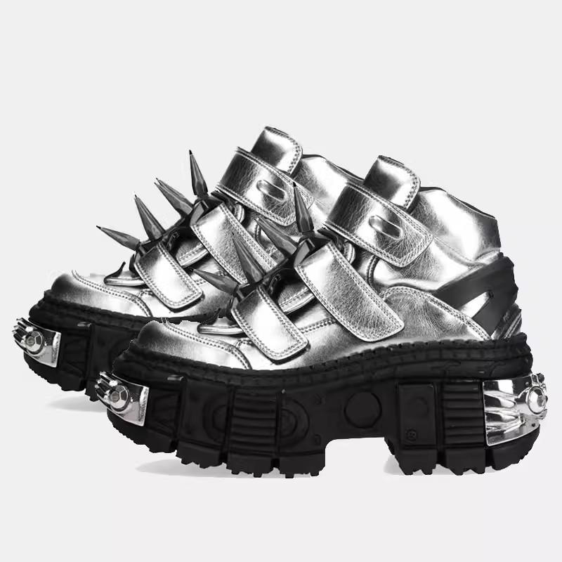 Fashion New Silvery Men Shoes Punk Style Lace-up Heel Height 6CM Platform Shoes Woman Gothic Ankle Rock Boots Metal Decor Woman Sneakers