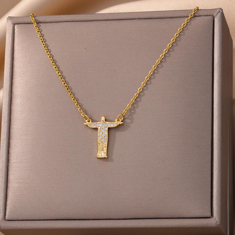 316L Stainless Steel Zircon Jesus Cross Pendant Necklaces For Women Hip Hop Gold Color Cross Necklace Party Jewelry Gift