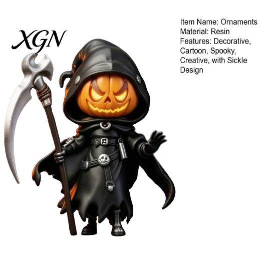 Spooky Pumpkin Collectibles Halloween Reaper Statue, Resin Hooded Ornament, Black Robe Figurine Versatile Window Display Decor with Sickle Desktop