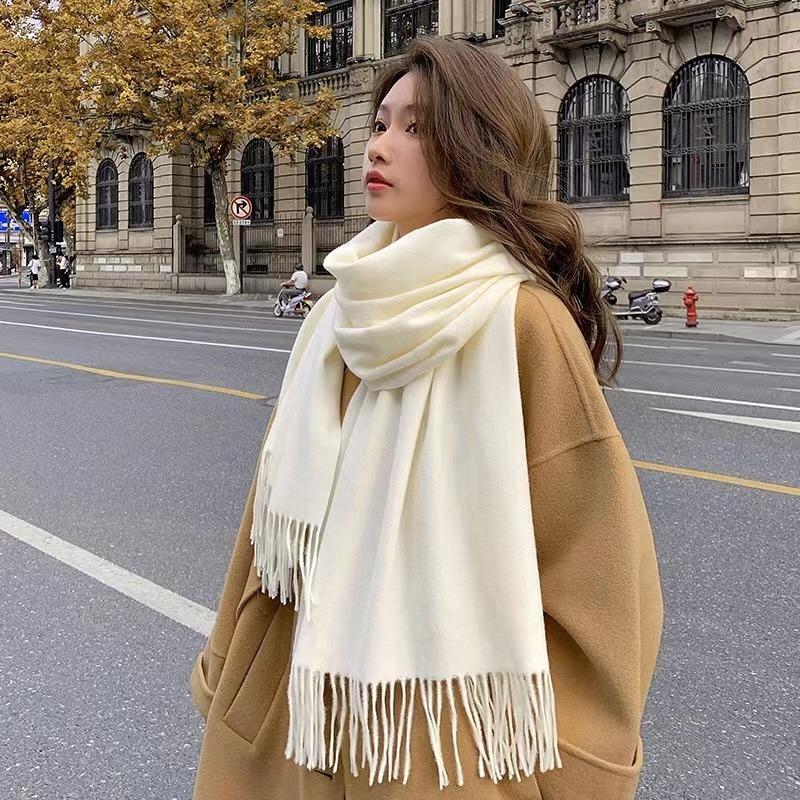 Winter Scarf Women Luxury Autumn Winter Cashmere Scarf Thickened Warm Shawl Classic Tassels Fluffy Scarf Solid Color Soft Shawl