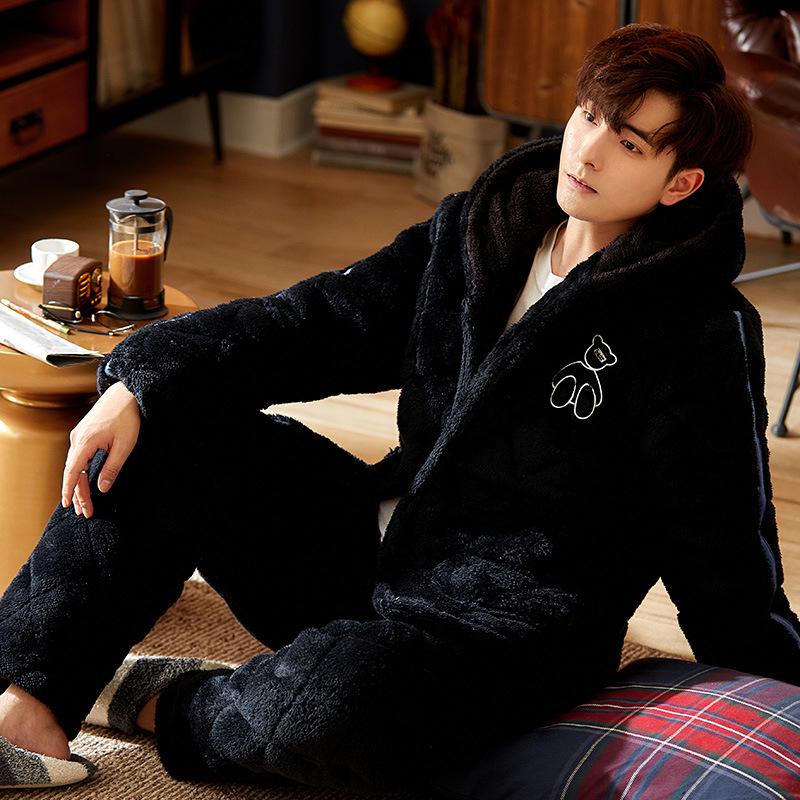 Men's Winter Hooded Quilted Pajama Set: Thick, Plush, Large Size Flannel Jacket