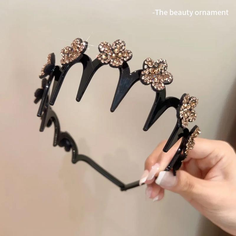 Korean Rhinestone Floral Wave Headband: Women's Frizz Control, High Skull Top, Wash Face Clip, Hair Tie