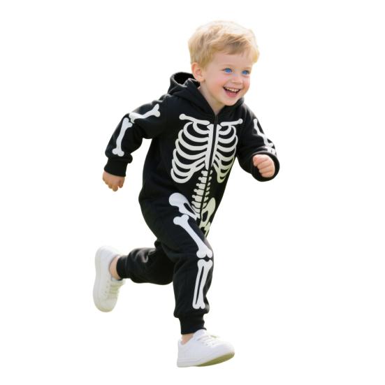 Halloween Costume Luminous Skeleton Print Family Matching Pajamas Hooded Long Sleeve Adults Kids One-Piece