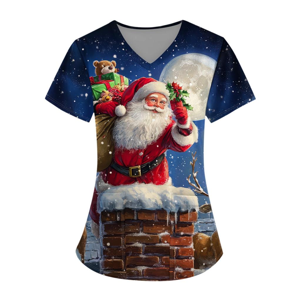 Плюс размерСкраб с принтом Рабочая форма Топы для женщин Крест V-образным вырезом Хэллоуин Принт с короткими рукавами Забавные футболки Спецодежда Футболка с карманами