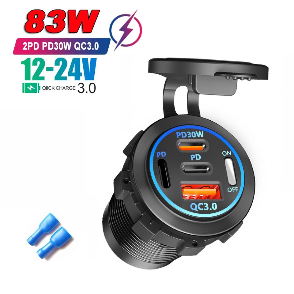 86W Dual QC3.0 USB & Dual PD3.0 Car Charger Power Outlet Socket Type-C Fast Charging Outlet with LED Voltmeter 12-24V For Cars