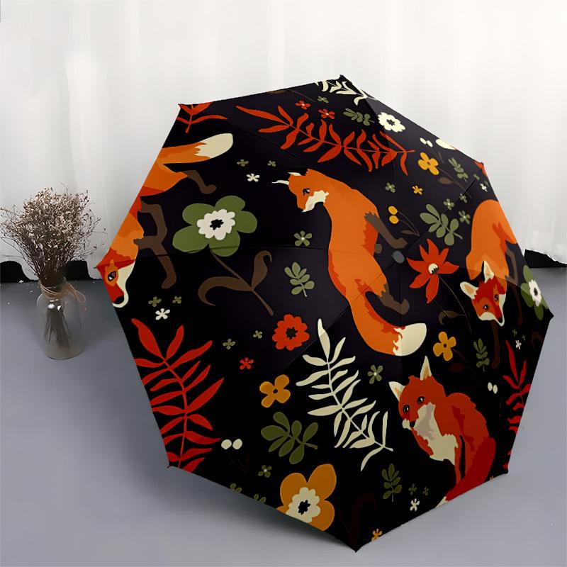 1pc Foxes, Floral Pattern Auto Umbrella Durable Iron Frame & Plastic Handle, Gift for Men & Women, Sturdy Construction y250905181