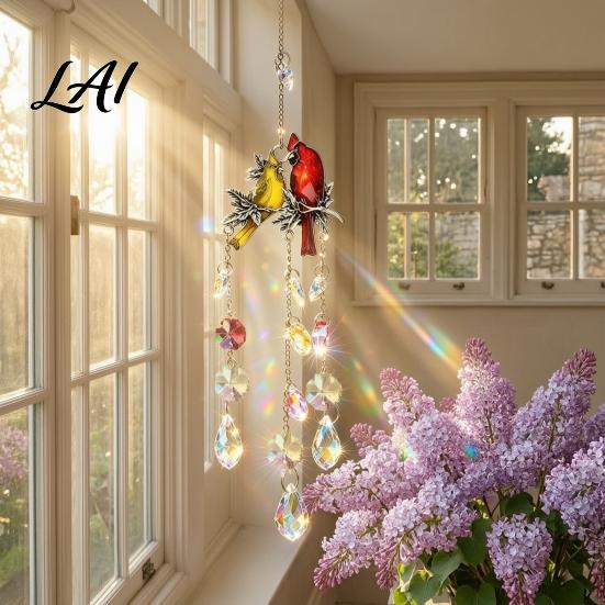 Decorative Faux Crystal Ornament Cardinals Crystals Suncatcher Hanging Sun Catcher for Windows Bird Wind Glass Patio Chimes with Chain Prism
