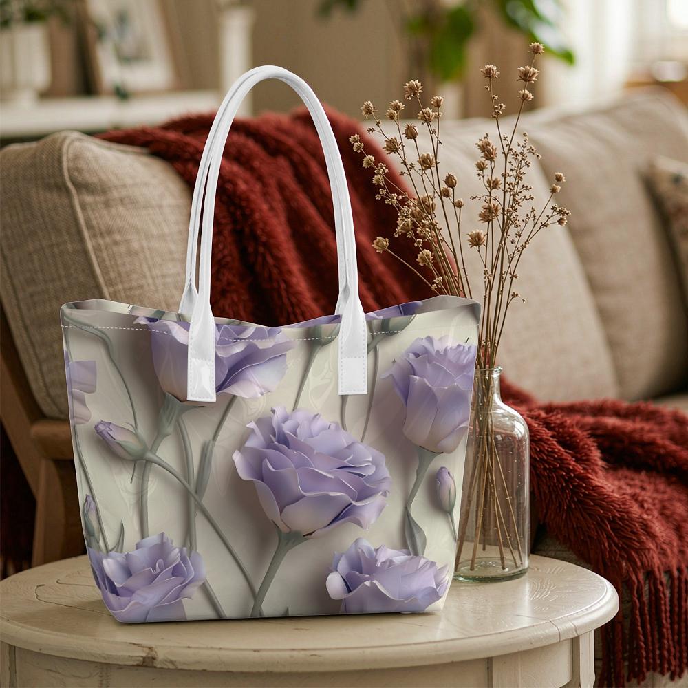 Elegant Lilac Floral Print Women Tote Bag Portable Daily Use Shopping Shoulder Bag Fashion Handbag for Outdoor