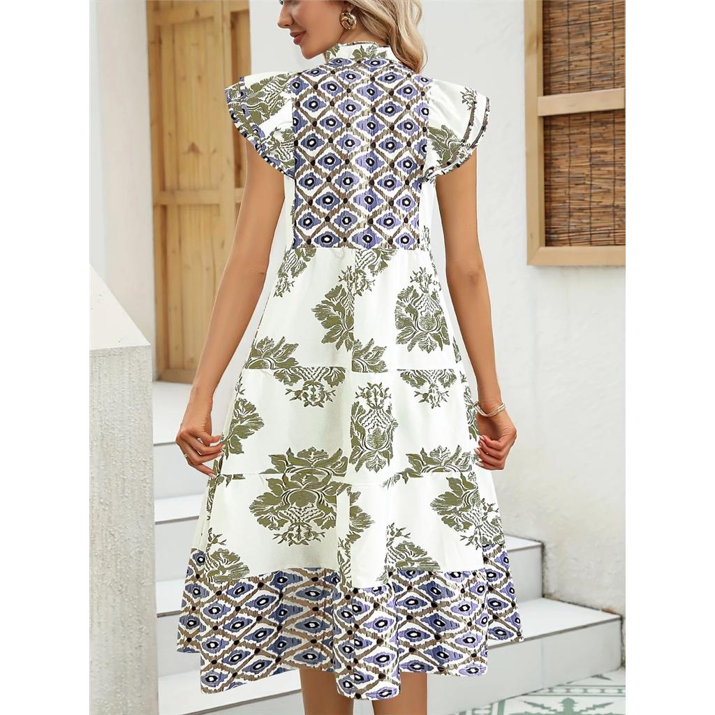 Women's Summer Flying Sleeves V-neck Dress Floral Print Stand Collar Midi Dress