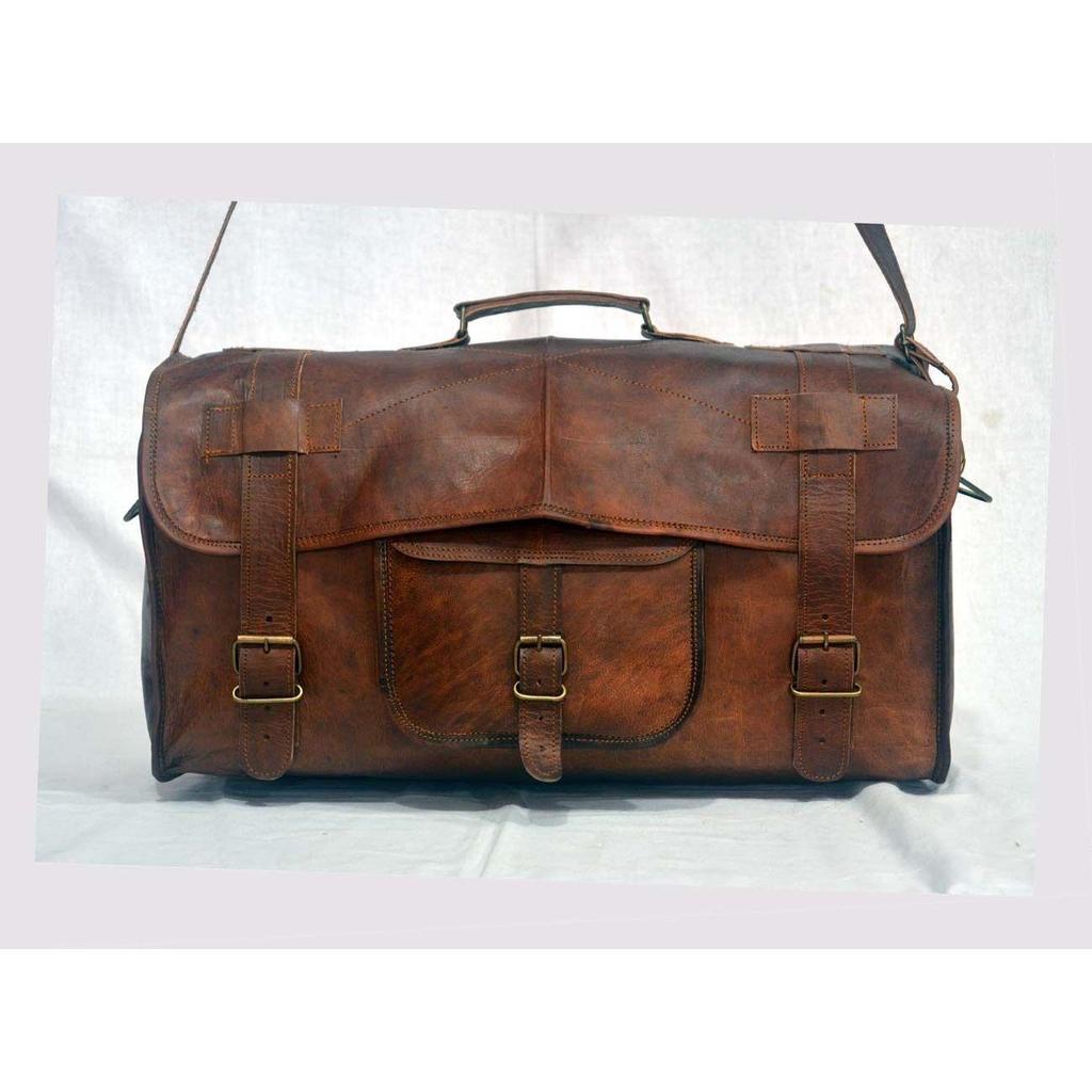 New Large Genuine Brown Goat Leather Handmade Travel Overnight Duffle Retro Bag
