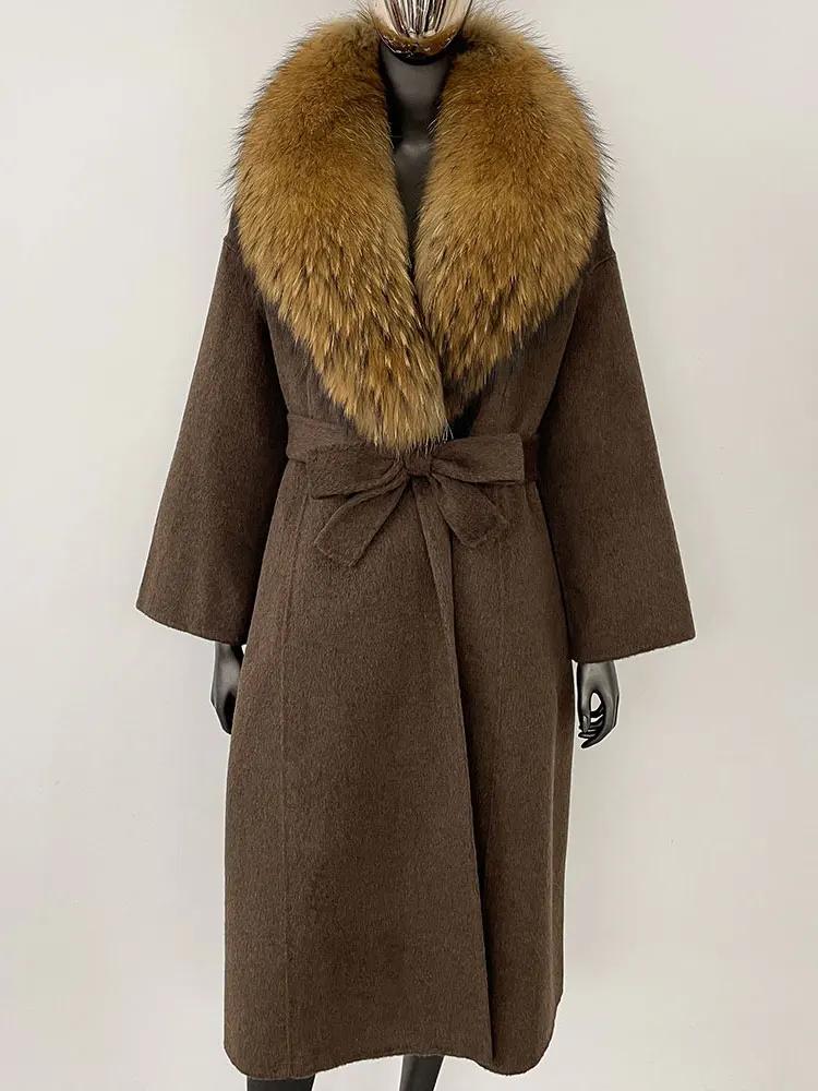 OFTBUY Натуральная шуба 2024 года, женская верхняя одежда больших размеров, зимняя женская куртка с воротником из натурального меха лисы и капюшоном, пальто из кашемировой шерсти