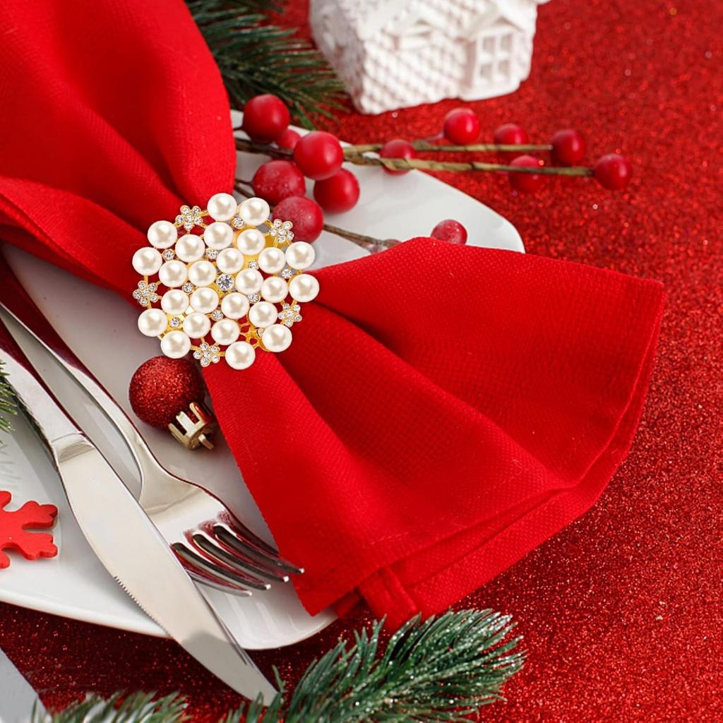 4PCS Rhinestone Pearl Napkin Rings for Table Setting Decorations, Gold Serviette Buckle Elegant Napkin Ring Holder for Wedding Dinner Table Decoration