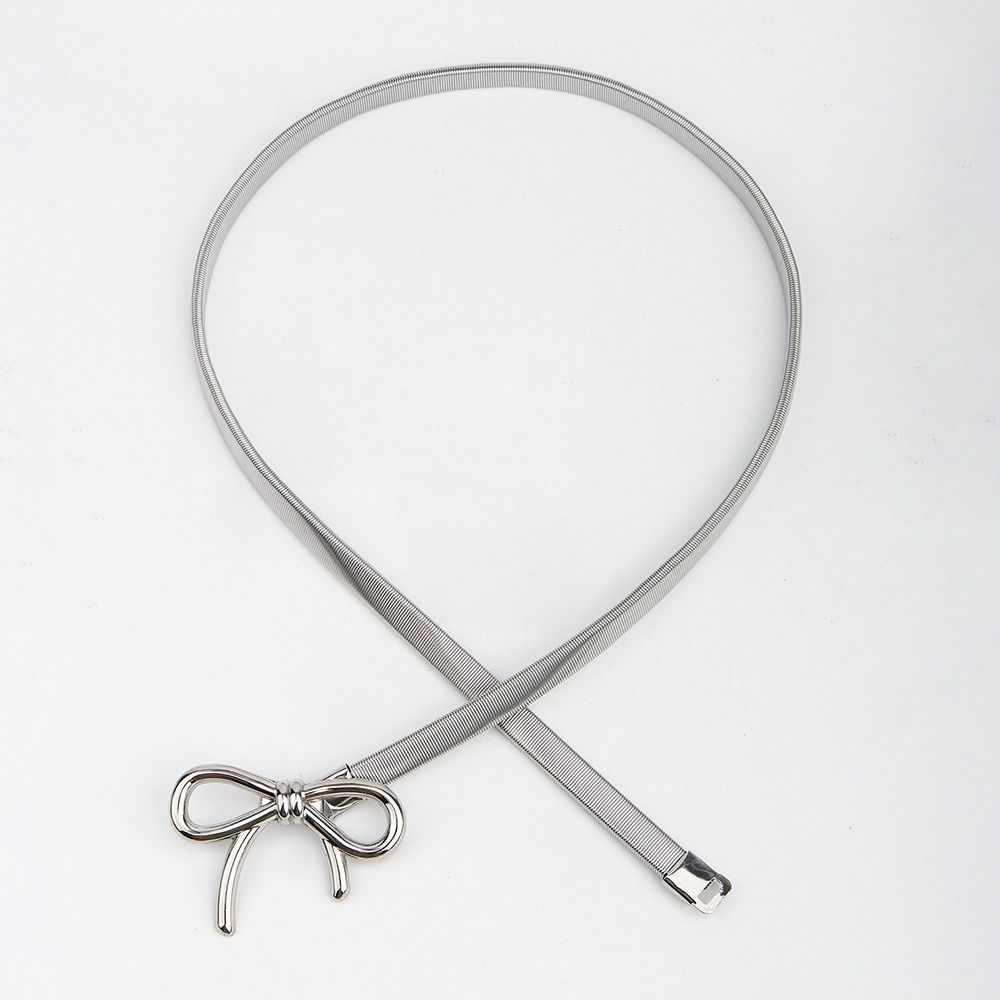 Silver Thin Belt Bowknot Buckle Metal Waist Chain Retro Elastic Bow Belt Dress Decoration