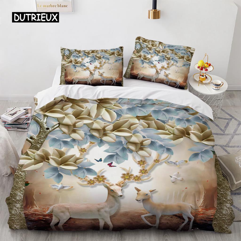 Пододеяльник с изображением оленя, размер King Queen, комплект постельного белья с рисунком золотого оленя для подростков и взрослых, пододеяльник с наволочкой