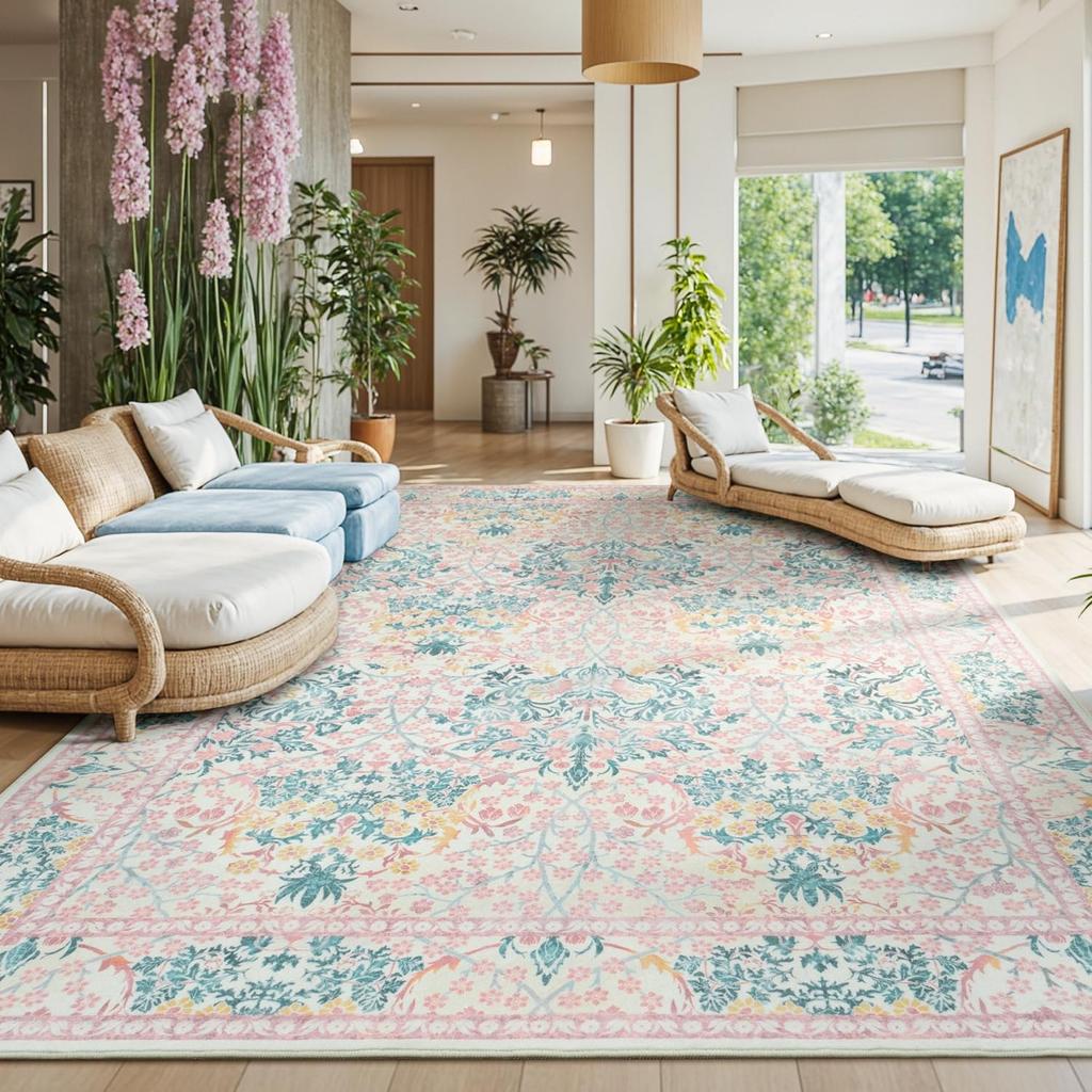 Carpet For Living Room Large Machine Washable Carpet Bedroom Bedside Floor Mat Home Decoration Bohemian Flower Non-Slip Pink Rug