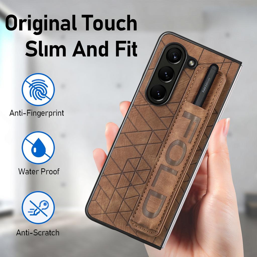 Кожаный чехол для телефона Samsung Galaxy Z Fold 7 6 5 4 3 Fold6 Fold5 Эластичный выдвижной ремешок на запястье Чехол с держателем для ручки Lwd