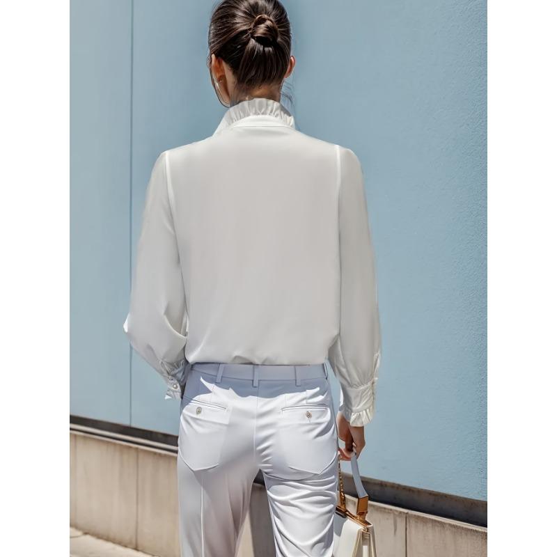 YYFS Women's Fashion Casual Spring Fall Solid Color Print Long Sleeve Stand-Neck Blouses & Shirts