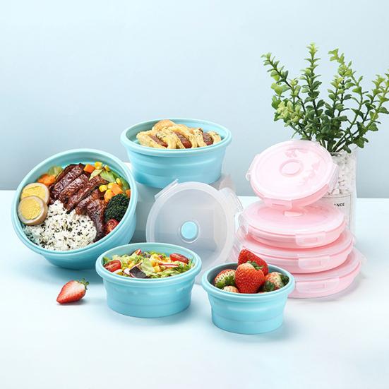 350/500/800/1200ML Round Silicone Lunch Box Microwave Safe Foldable Sealed Lid Portable Refrigerator Bento Food Container Kitchen Supplies