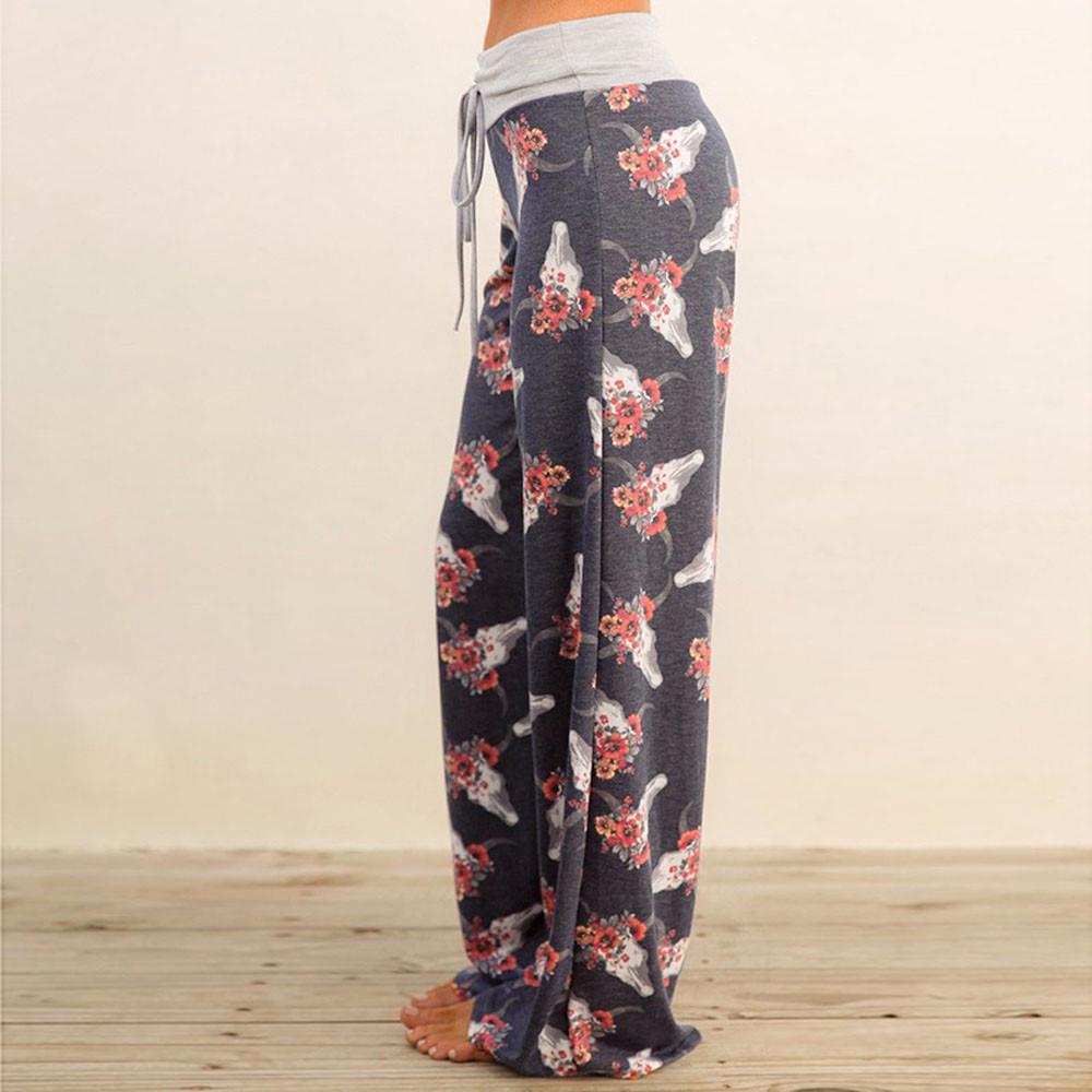 Women Ladies Summer Floral Prints Drawstring Wide Leg Pants Leggings