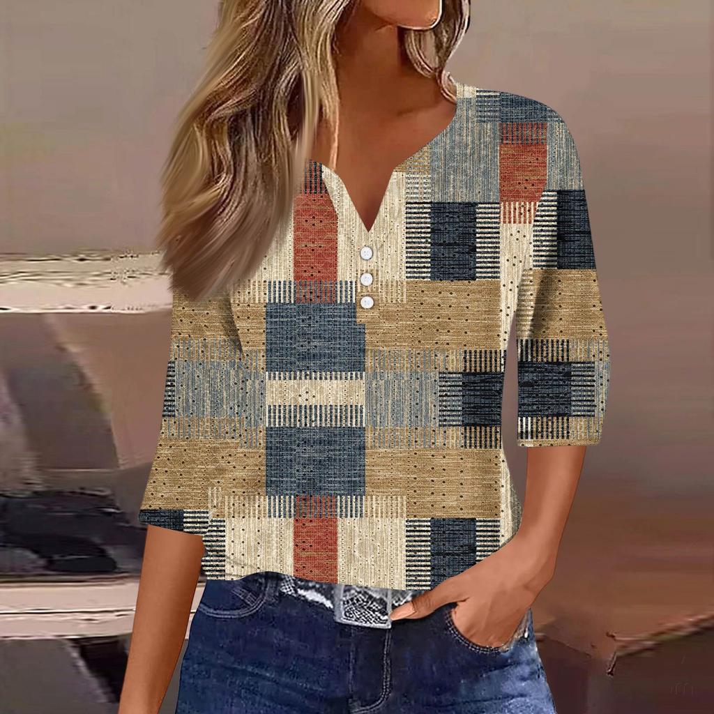 Женская модная футболка с V-образным вырезом, пуговицами, рукавами семь, повседневная полосатая клетчатая футболка с принтом