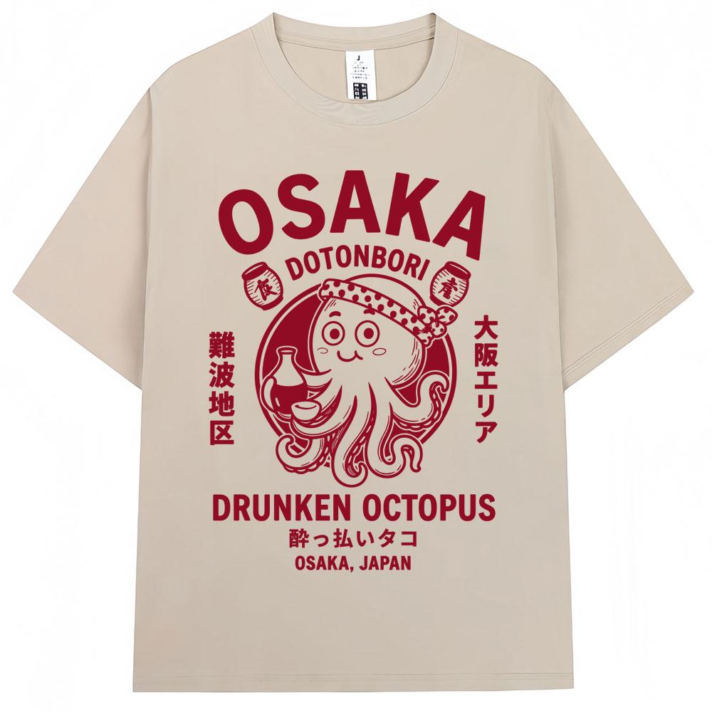 Japanese Style Osaka Drunken Octopus Graphic Tshirt Unisex Unisex Dotonbori Vintage Tshirts Loose Cotton T Shirts Streetwear Gifts