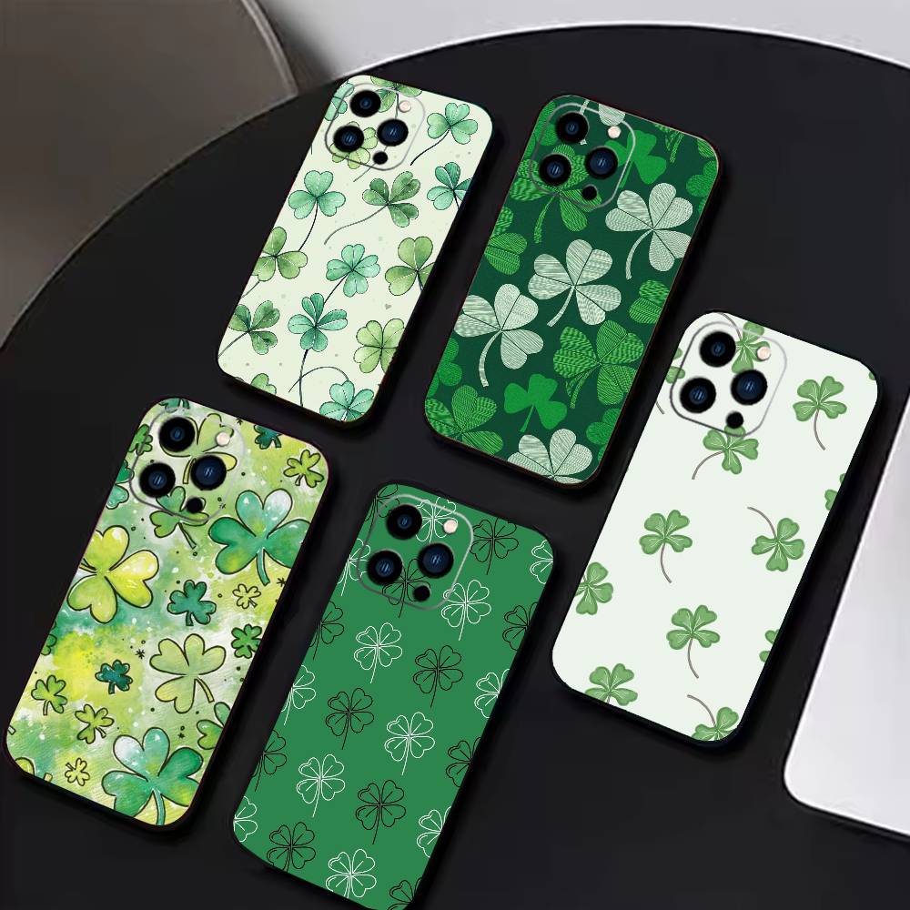 Счастливый четырехлистник Чехол для телефона Для iPhone 17 16 15 14 13 12 Max Plus Силиконовый Черный Чехол
