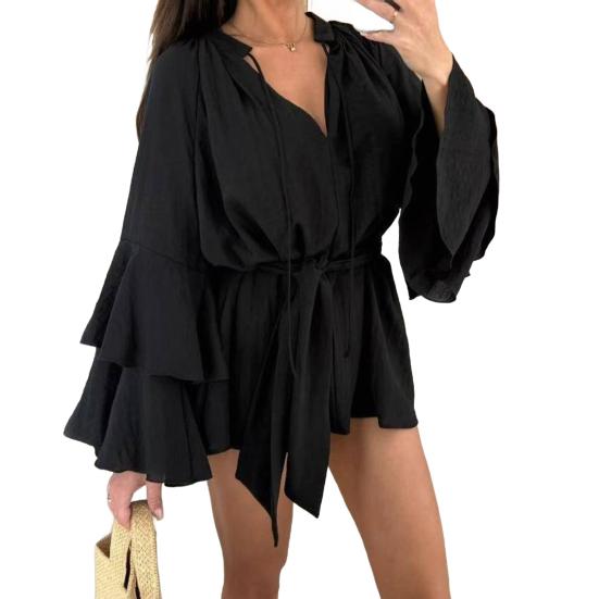 Женское летнее платье-рубашка с оборками, длинными рукавами, V-образным вырезом, короткое платье из шифона, А-силуэта, завязывающегося на талии, струящееся мини-платье