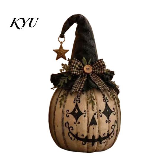 Distressed Resin Pumpkin Figurines Halloween Decoration with Wizard Hat, Vintage Witch Figurine Autumn Harvest Ornaments Bow, Rustic Tabletop Ornament