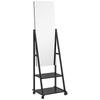 Free Standing Dressing Mirror, Rolling Full Length Mirror on Wheels with Adjustable Angle, Storage Shelves for Bedroom