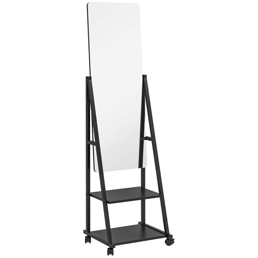 Free Standing Dressing Mirror, Rolling Full Length Mirror on Wheels with Adjustable Angle, Storage Shelves for Bedroom